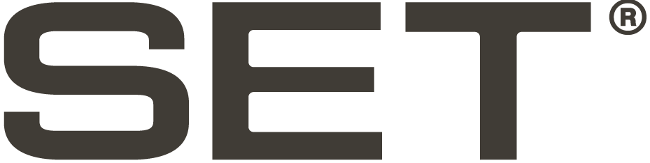 Close-up of a black logo with the word 'SET' in bold, capital letters on a transparent background.