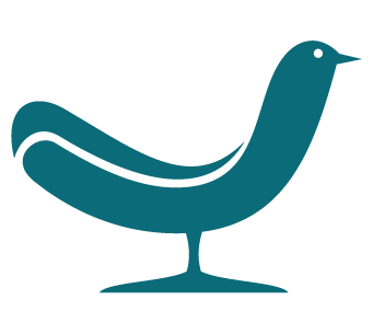 Stylized illustration of a bird with a long neck and a curved body in blue color.