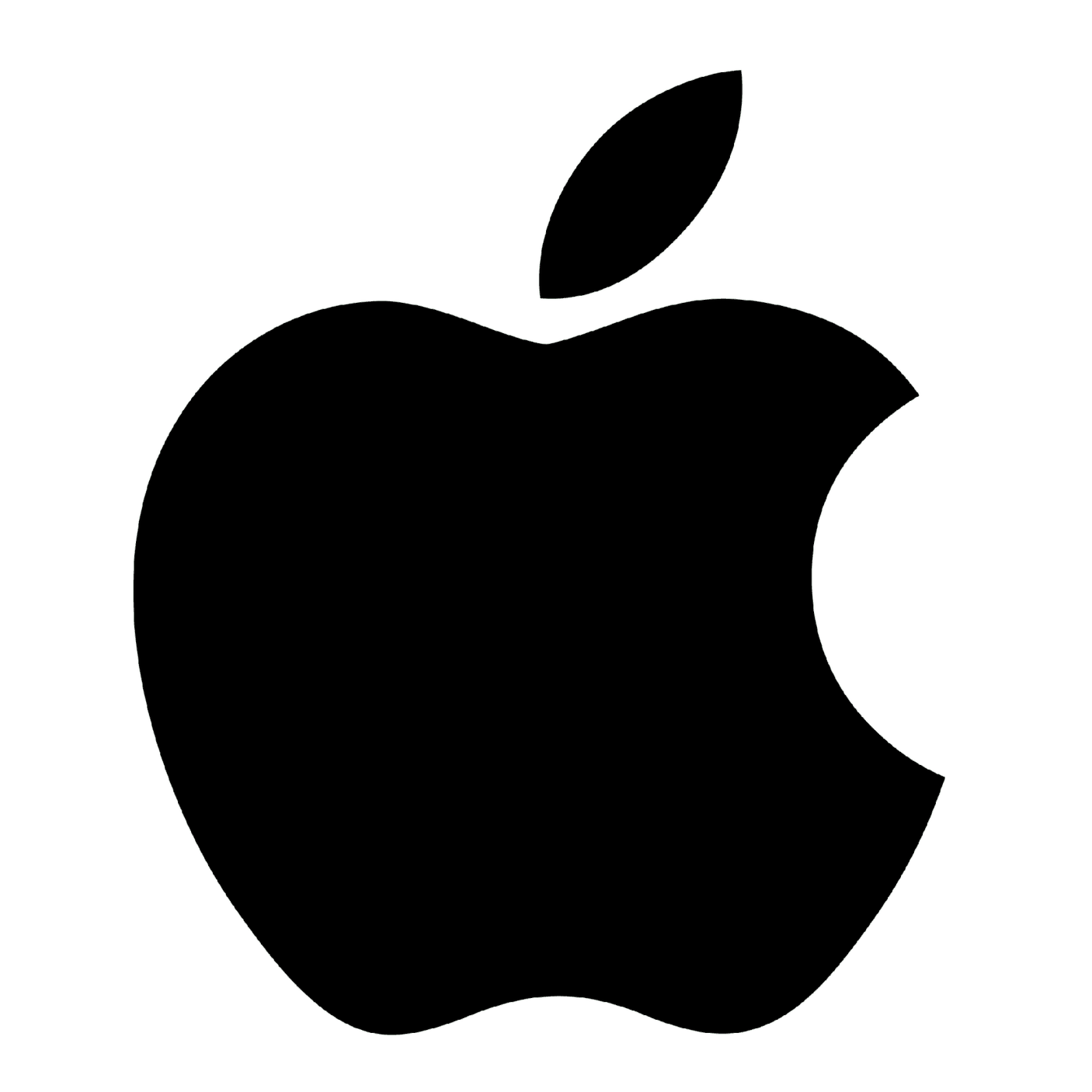 Black silhouette of an apple with a leaf on a transparent background.
