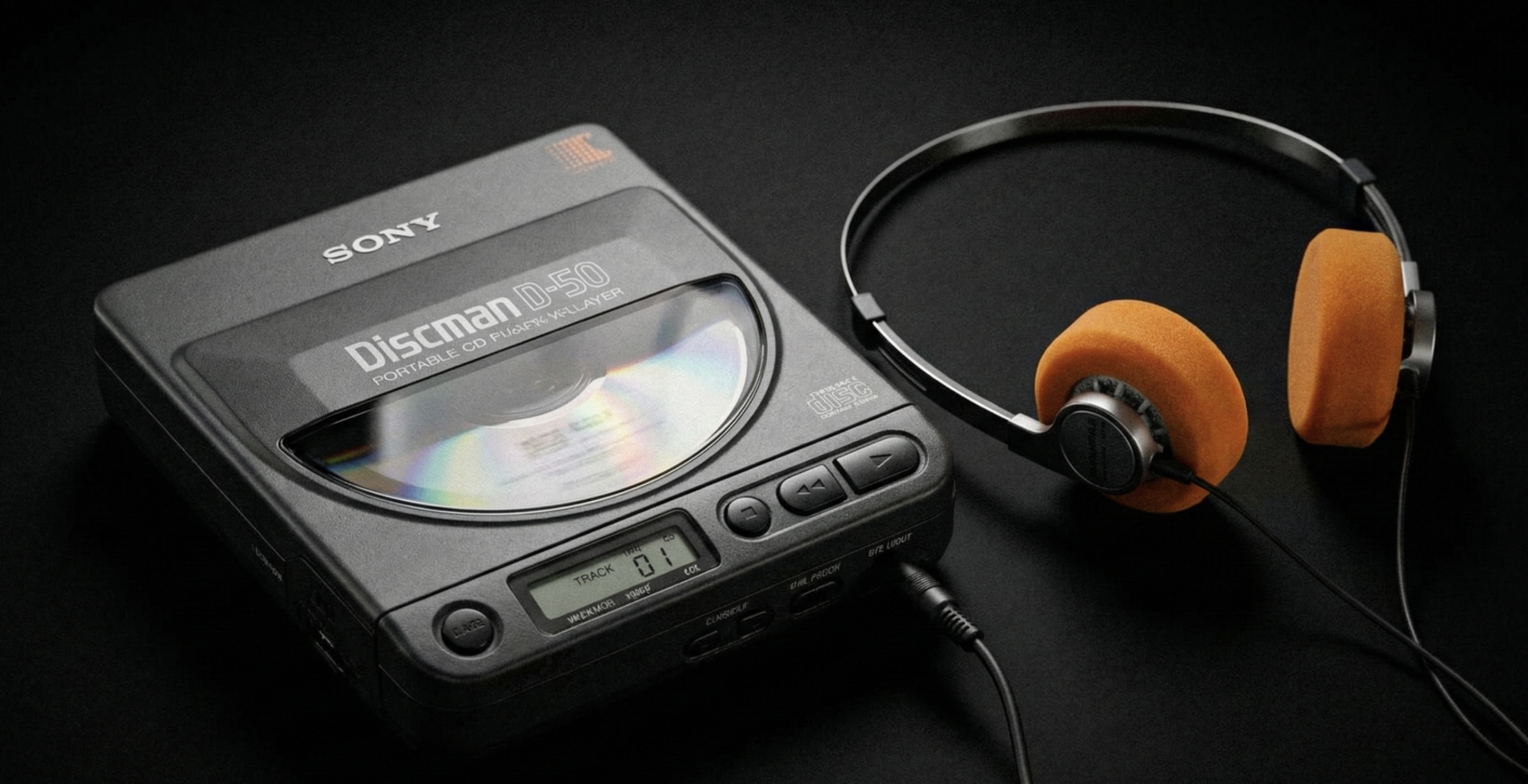 A Sony Discman D-50 portable CD player with headphones on a black surface.
