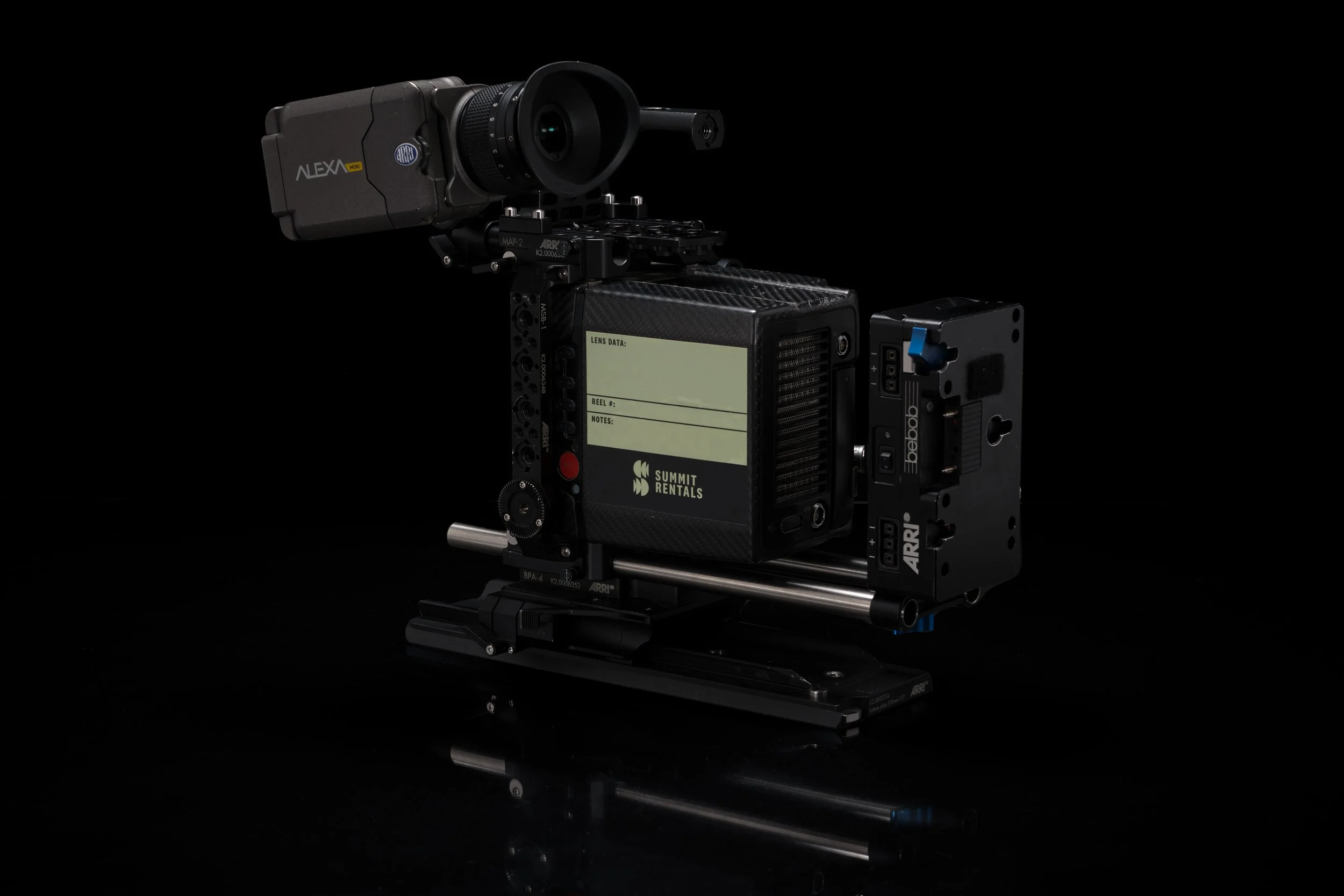 Cinematic camera equipment with a mounted lens on a black background.