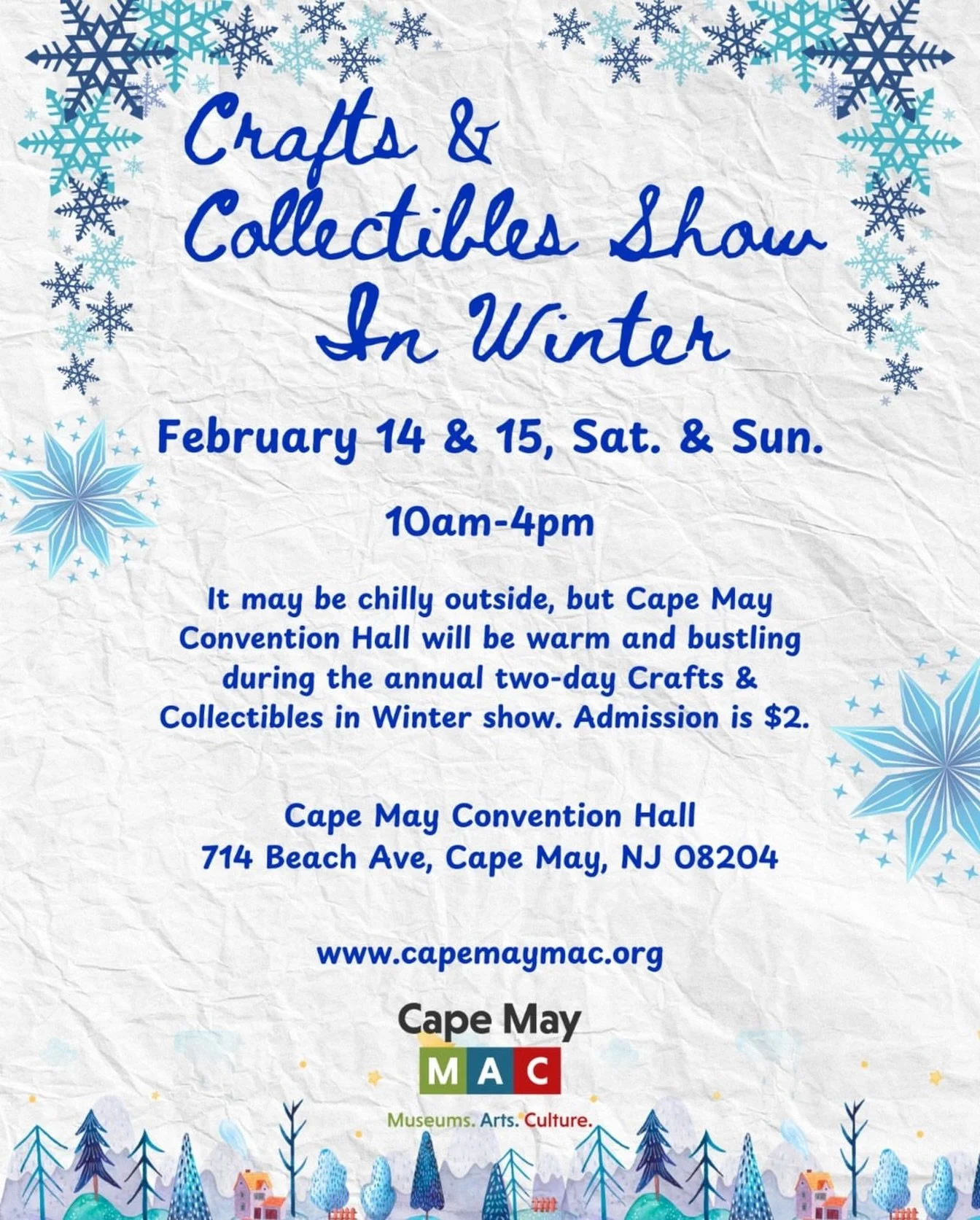 Repost from @capemaymac
&bull;
Crafts &amp; Collectibles Show in Winter is next weekend! Join us Saturday and Sunday, January 14 &amp; 15 at Cape May Convention Hall from 10am-4pm. Admission is $2. We hope to see you there!
-
#capemay #capemaynj #new
