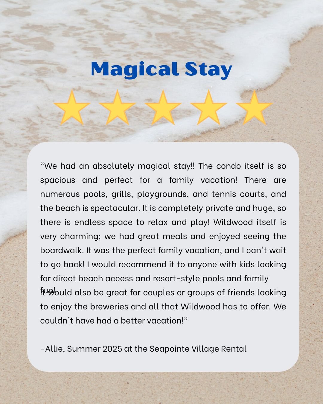 One of the best parts of hosting our Seapointe Village rental is hearing stories like this:

"We had an absolutely magical stay! The condo was perfect for our family vacation, and the pools, playgrounds, and private beach made it unforgettable.&