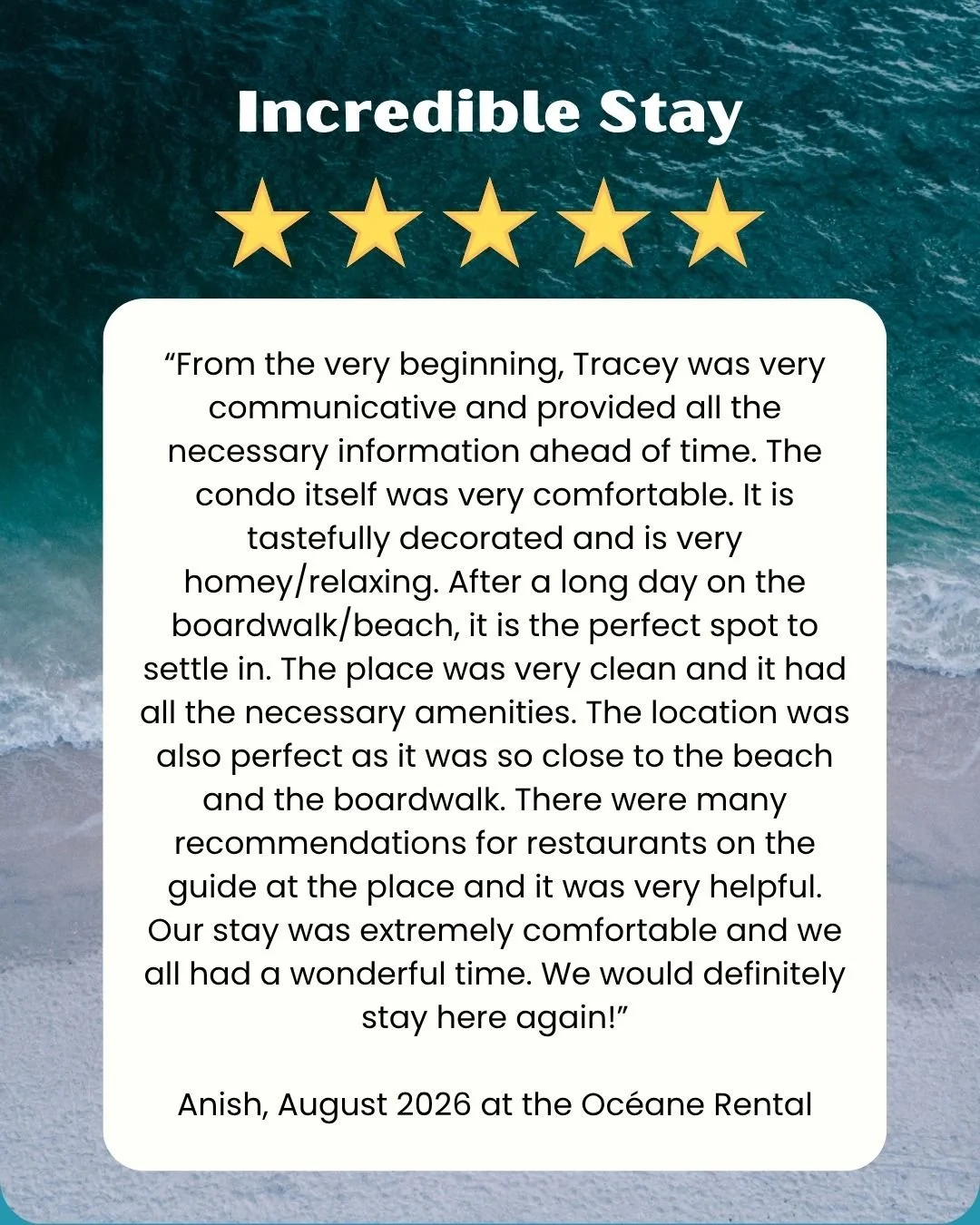 Another ⭐️⭐️⭐️⭐️⭐️ stay at the Oceane!
There&rsquo;s nothing better than hearing that our guests felt right at home. From a clean, comfortable space to a great location just steps from the beach and boardwalk, we try to make every stay as easy and re