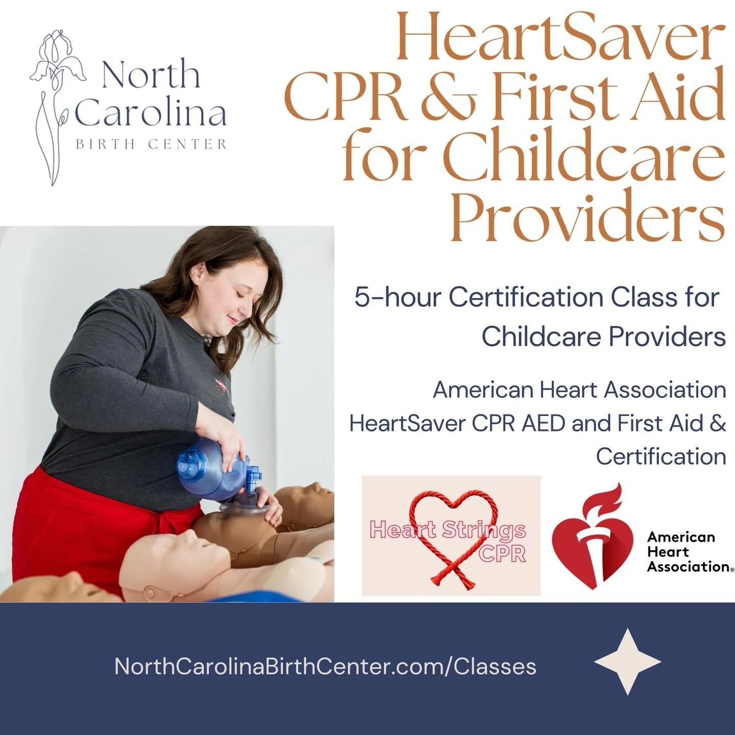 Attention all birth workers and childcare providers! NCBC is hosting a CPR &amp; First Aid certification with @heartstringscpr in our Gather104 classroom. This is a perfect opportunity to get your certification through the American Heart Association,