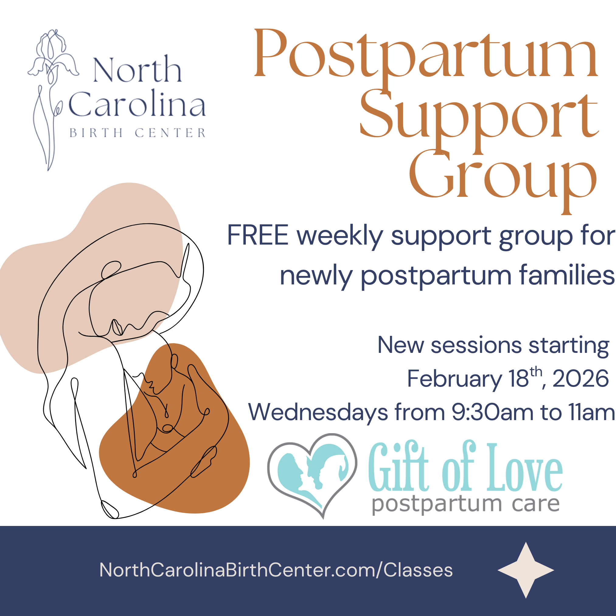 Flyer for North Carolina Birth Center promoting free weekly postpartum support group for new postpartum families with logo and website link.