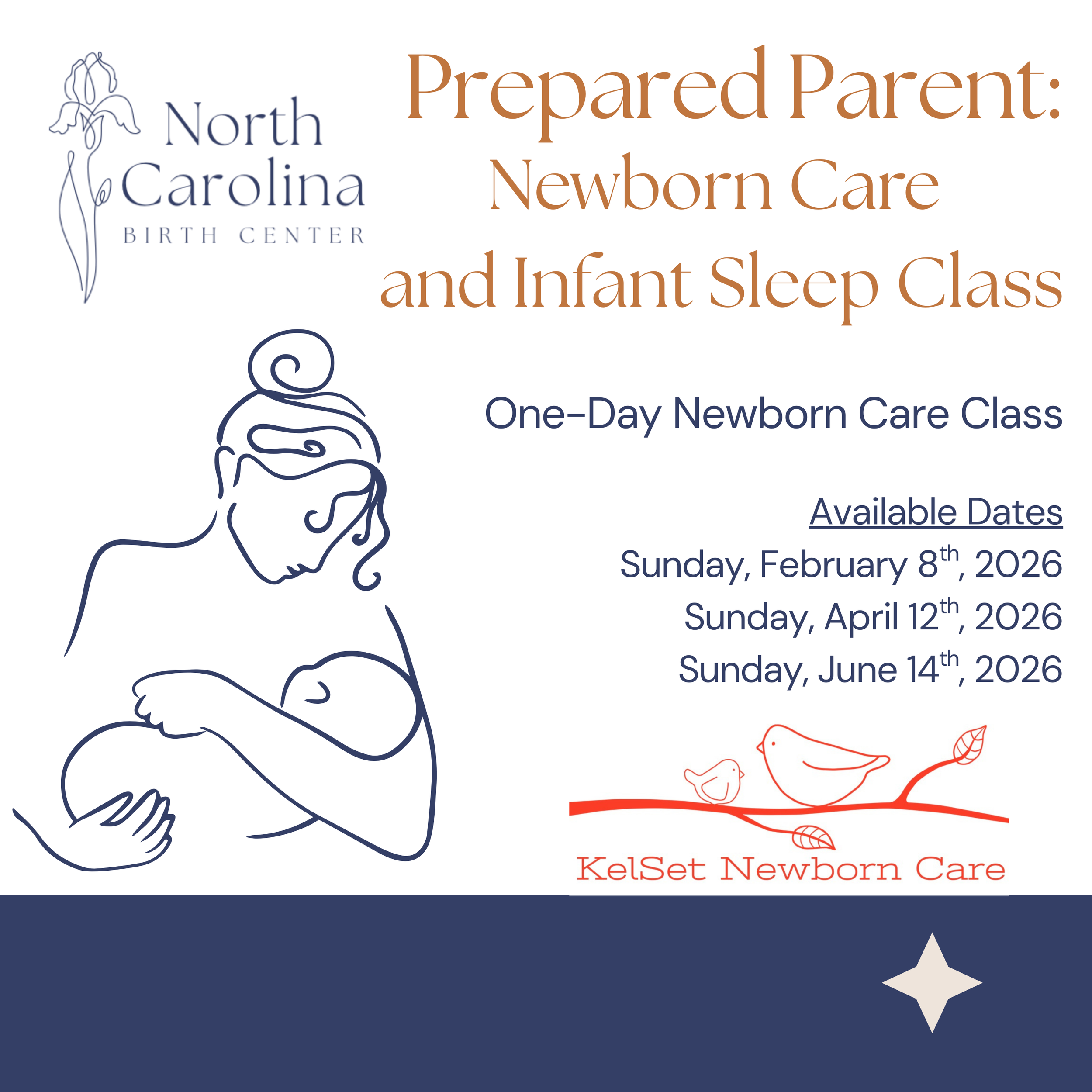 Flyer for North Carolina Birth Center's prepared parent newborn care and infant sleep class, featuring an illustration of a mother breastfeeding, details of class dates in February, April, and June 2026, and a logo of two birds on a branch with the text KelSet Newborn Care.