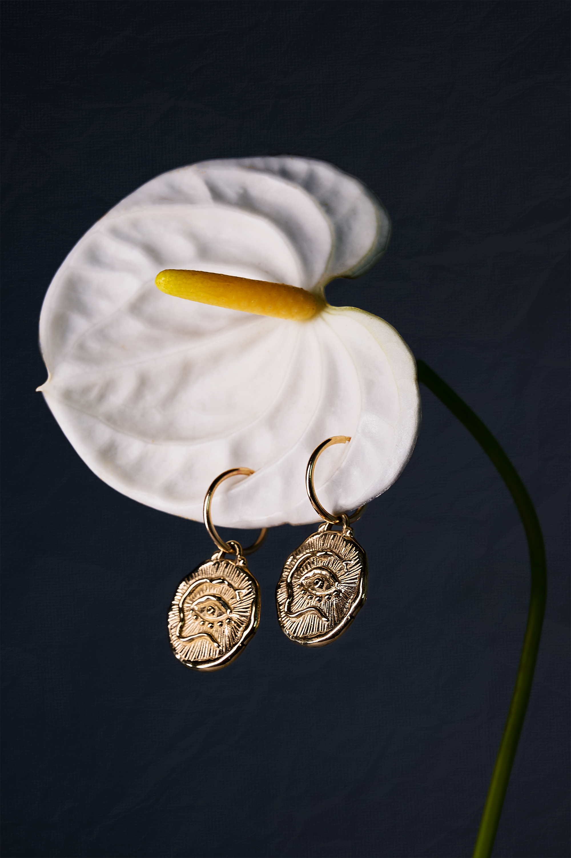 A white calla lily flower with a yellow spadix and gold earrings hanging from its stem, set against a black background.