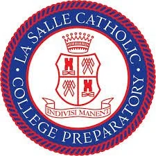 Seal of La Salle Catholic College Preparatory featuring a shield with a crown, three crosses, and a Latin motto, surrounded by a blue and red border.