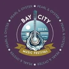 Logo for the Bay City Music Festival 2024 featuring a guitar with a city skyline and waves, surrounded by circular text and a ribbon banner.