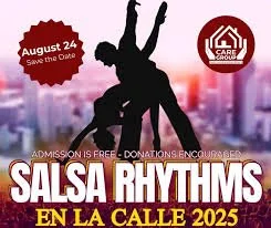 Silhouette of people dancing at a salsa event titled 'Salsa Rhythms en La Calle 2025', with a cityscape background and event date August 24.