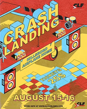 Vintage poster for Crash Landing event at Hillsboro Airport August 15-16. Features colorful geometric shapes, loudspeakers, a boombox, and a ticket price of 25 cents.