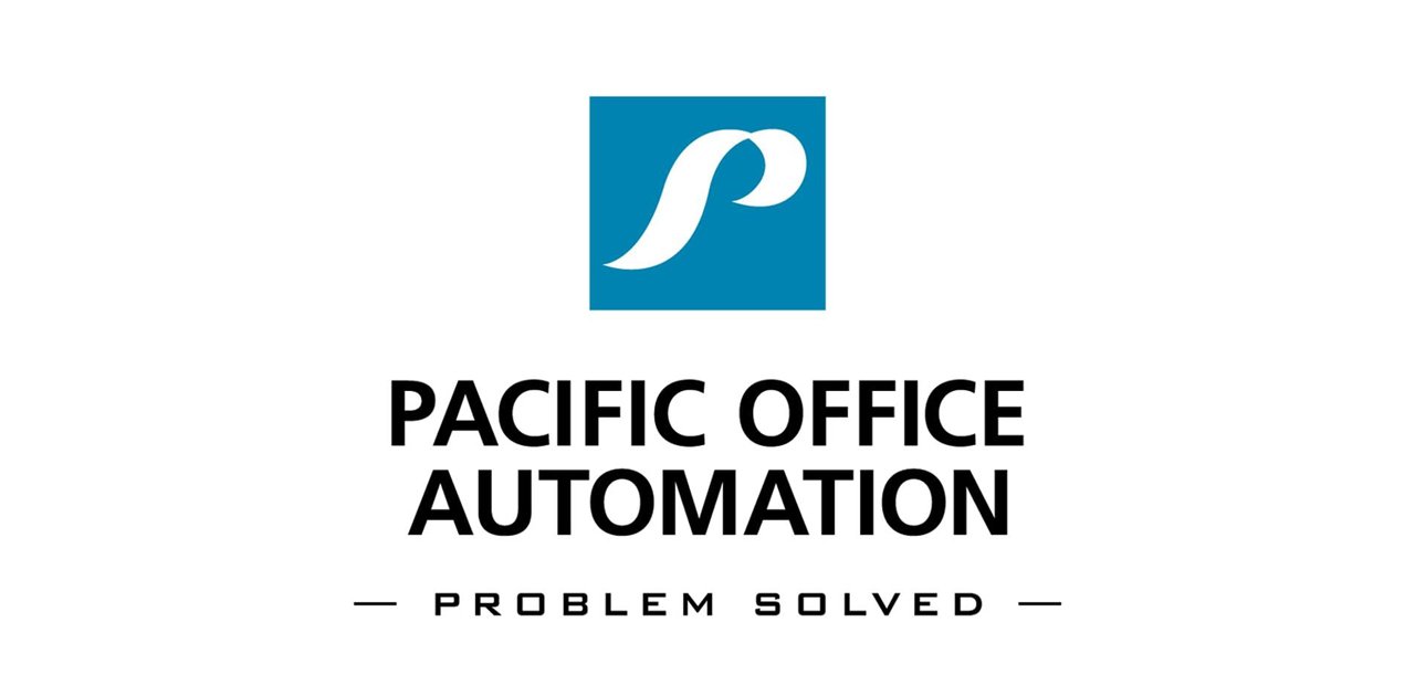 Logo of Pacific Office Automation with a stylized 'P' symbol and the company name in bold black letters, along with the slogan 'Problem Solved'.