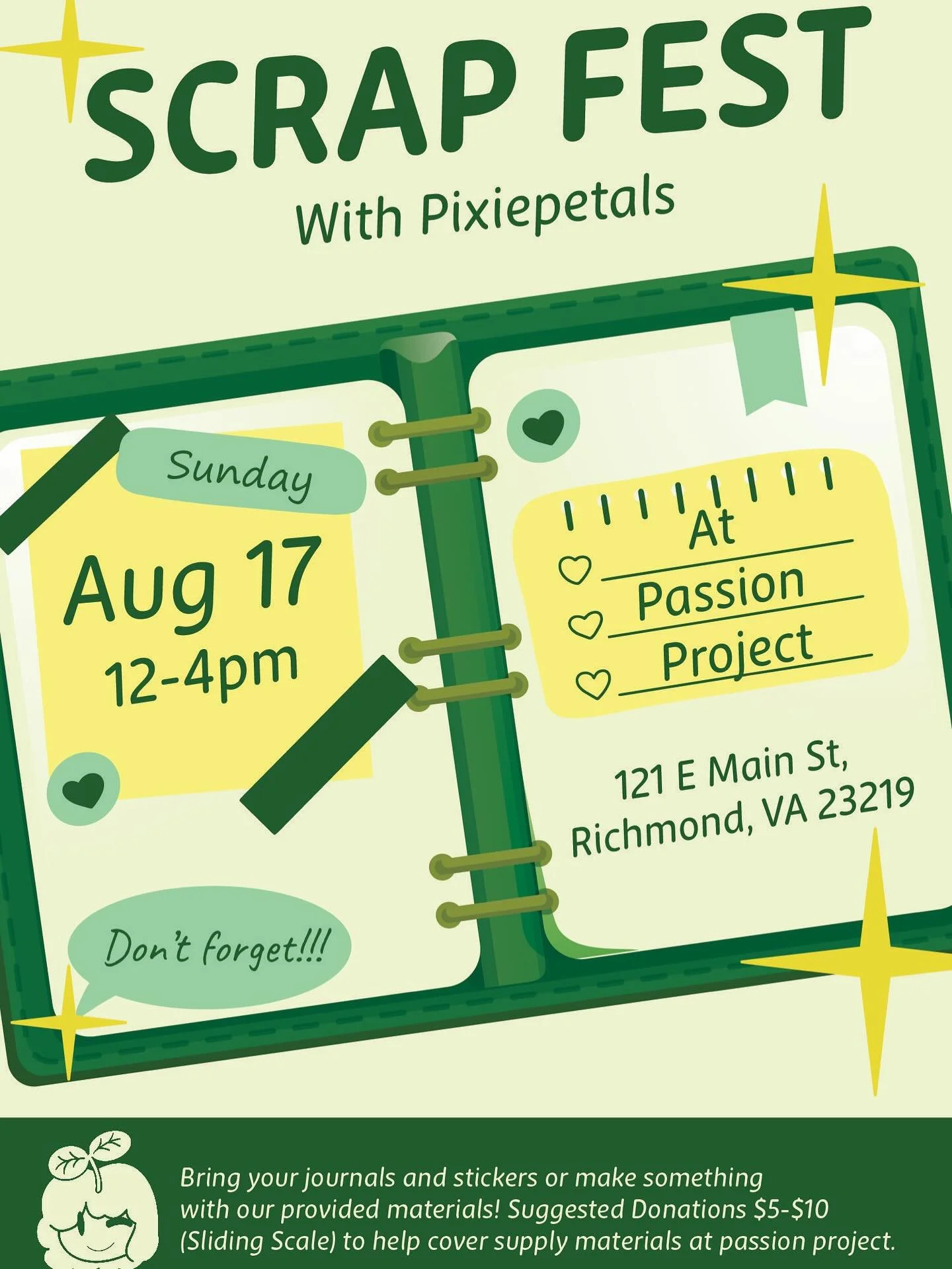 Come by @passionprojectrva and join Scrapfest✨On August 17th 12-4pm
I will bring many cute materials for junk journaling/scrap book✨You are more then welcome to bring some of your own supplies! Bring some friends! Hope to see you there✨🌱
#journaling
