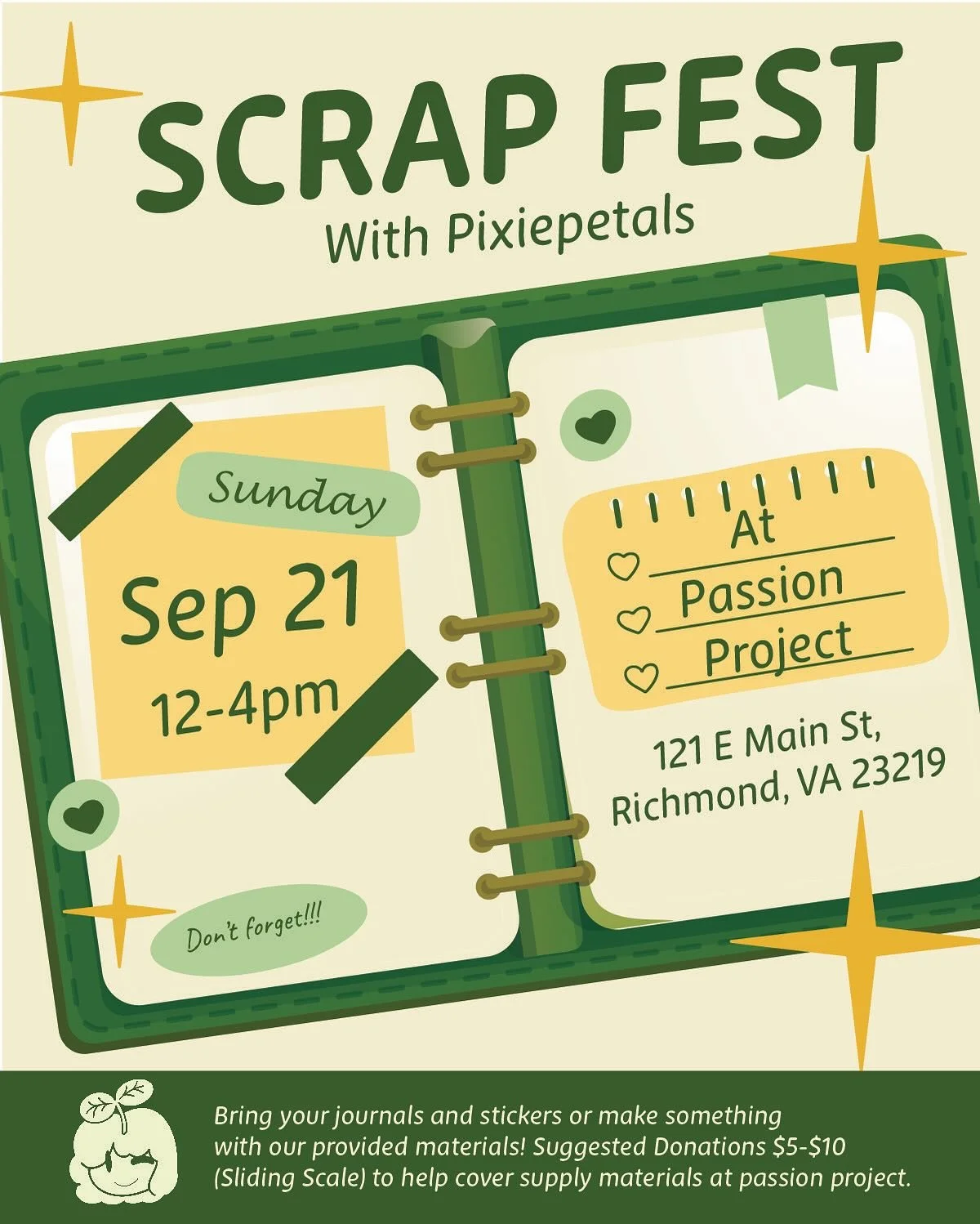 Scrapfest has been rescheduled!! ✨✨come by @passionprojectrva and hang out with us! I attached some pictures to show what scrap fest would look like : ) 
You can use different types of textured paper, stickers, markers, ANYTHINNNG✨✨
So save the date?