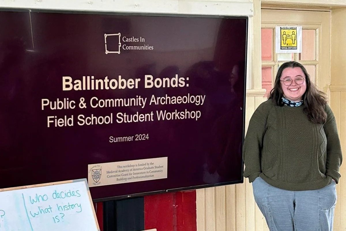 Wendy presenting on public and community archaeology to field school students in Ballintubber, Ireland in 2024. 
