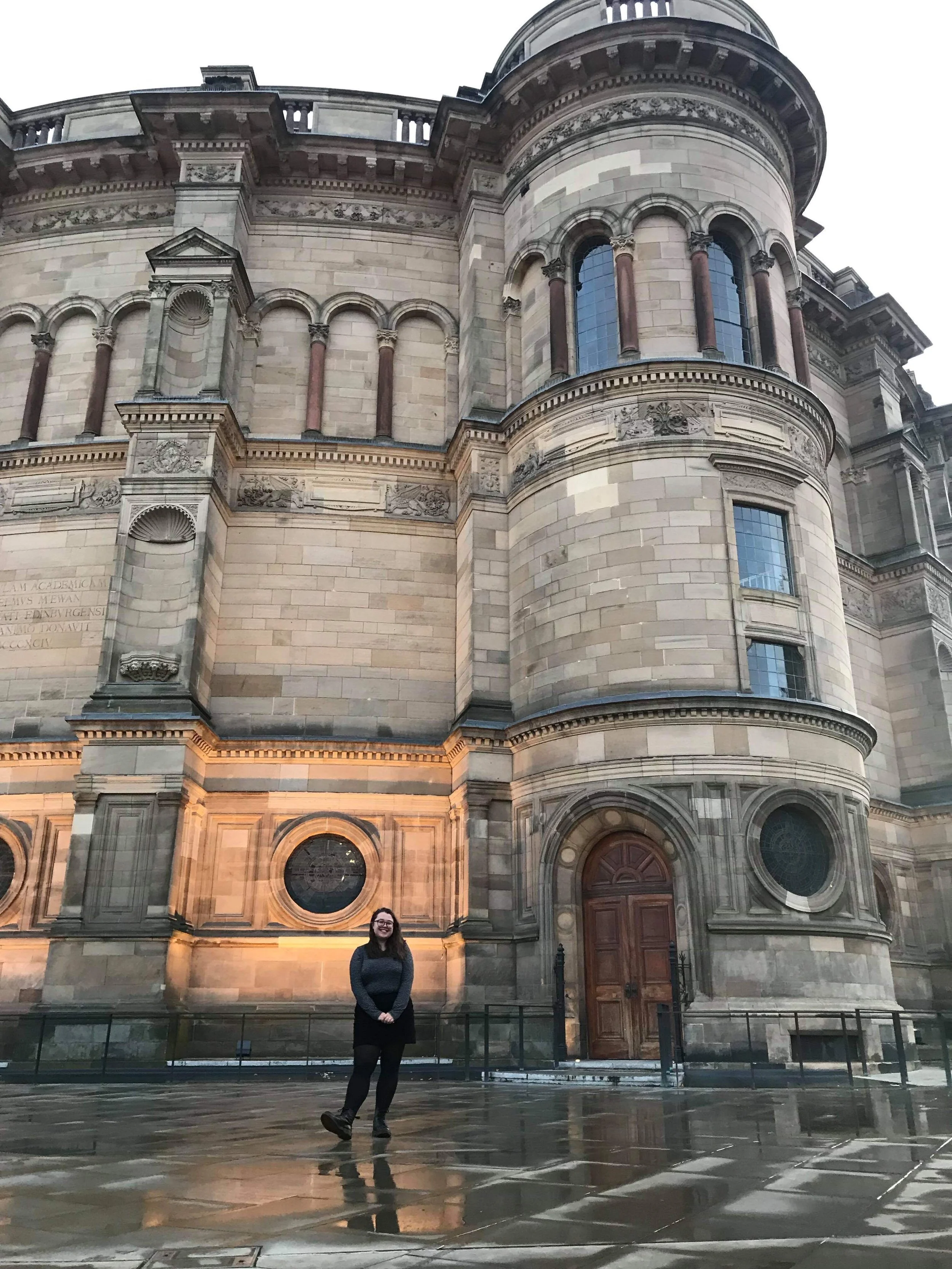 Wendy in front of McEwan Hall at the University of Edinburgh, 2019. 
