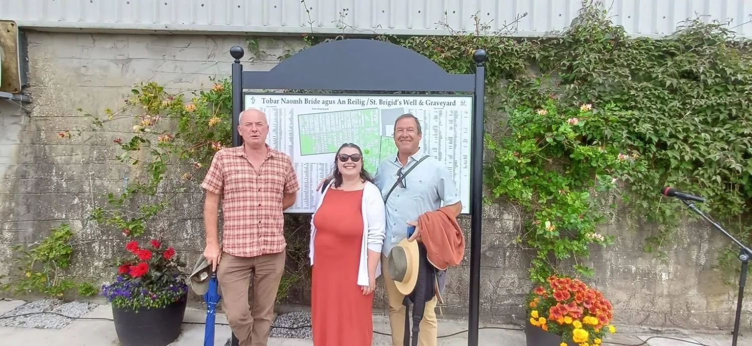 Wendy with Directors Dan & Niall at the unveiling of the Ballintubber Cemetery Map in Ballintubber, County Roscommon, Ireland in Summer 2025. 