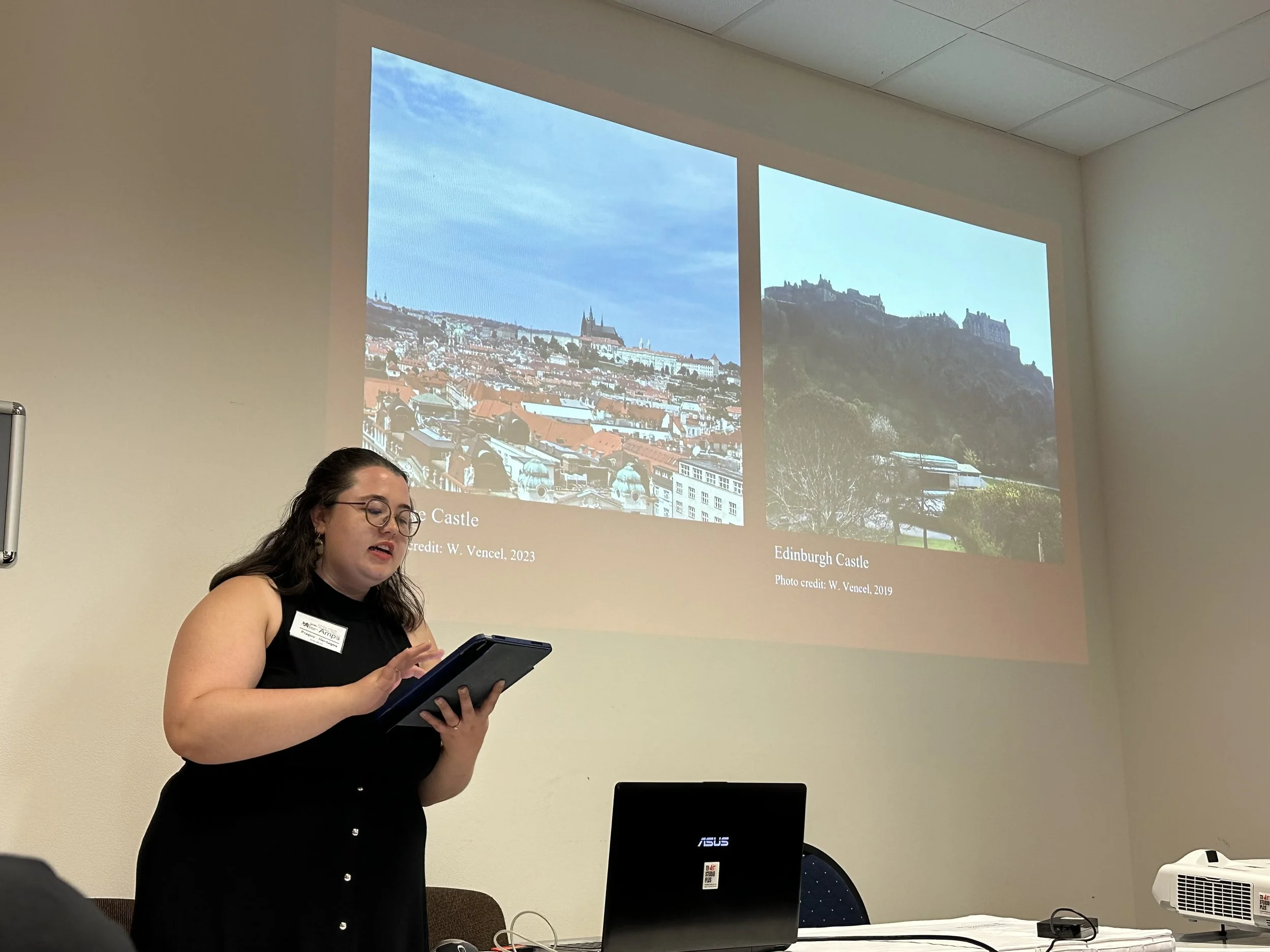 Wendy presenting her paper (now published) comparing the chapels of King Wenceslas and Queen Margaret at a conference in Prague, Czechia in 2023. 