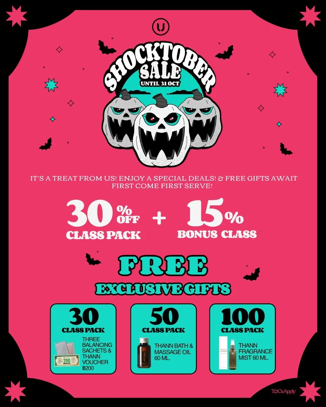 Shocktober Sale 🎃 โปรแรงสุดช็อก คุ้มจริงไม่มีหลอก! กับแพ็กเกจออกกำลังกายลด 30% + คลาส Top up อีก 15% พร้อมขยายวันเพิ่มสูงสุดอีก 45 วัน 

🤸Pilates เริ่มต้น ฿466/คลาส 
🚴Cycling เริ่มต้น ฿417/คลาส 
🧘Yoga เริ่มต้น ฿320/คลาส 
💪Ultimate เล่นได้ทั้ง Pi