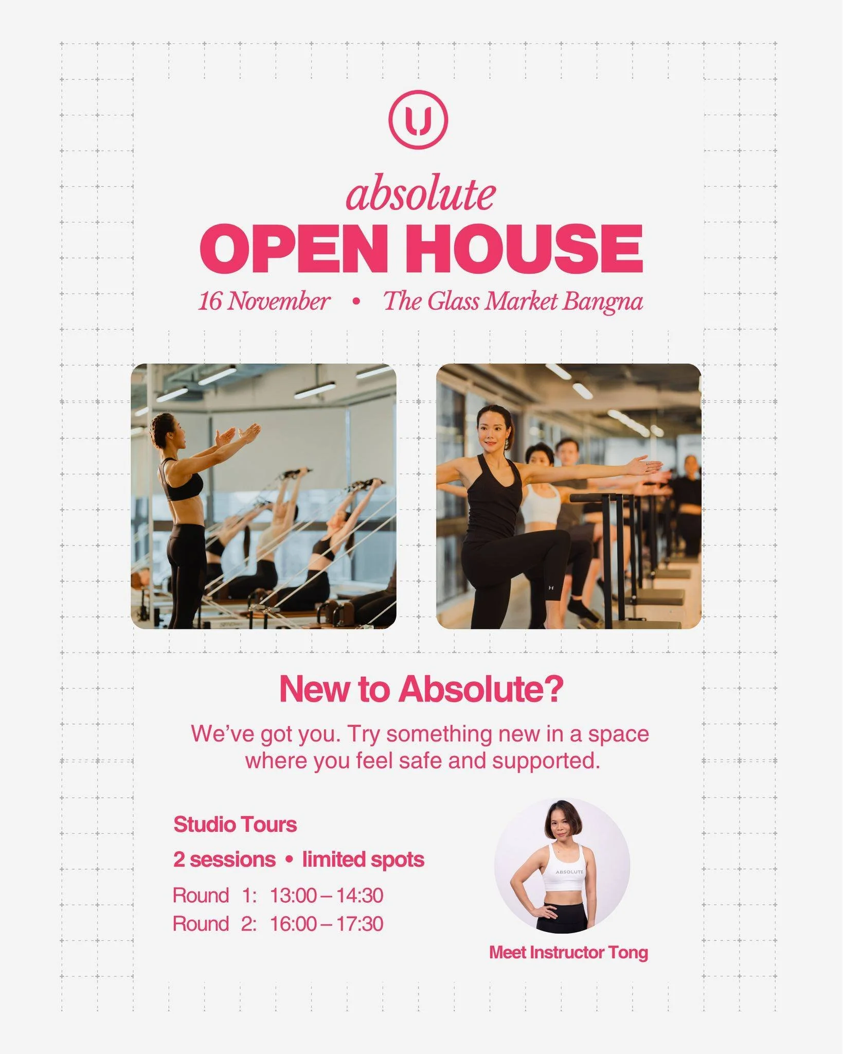 New to Absolute? 

Join our exclusive OPEN HOUSE DAY at Absolute Studio, The Glass Market Bangna! ✨

🗓️ 16 NOV 2025
🚩The Glass Market Bangna
👉Round 1: 13:00 - 14:30
👉Round 2: 16:00 - 17:30 

Explore our signature Pilates Reformer &amp; Chair, mee