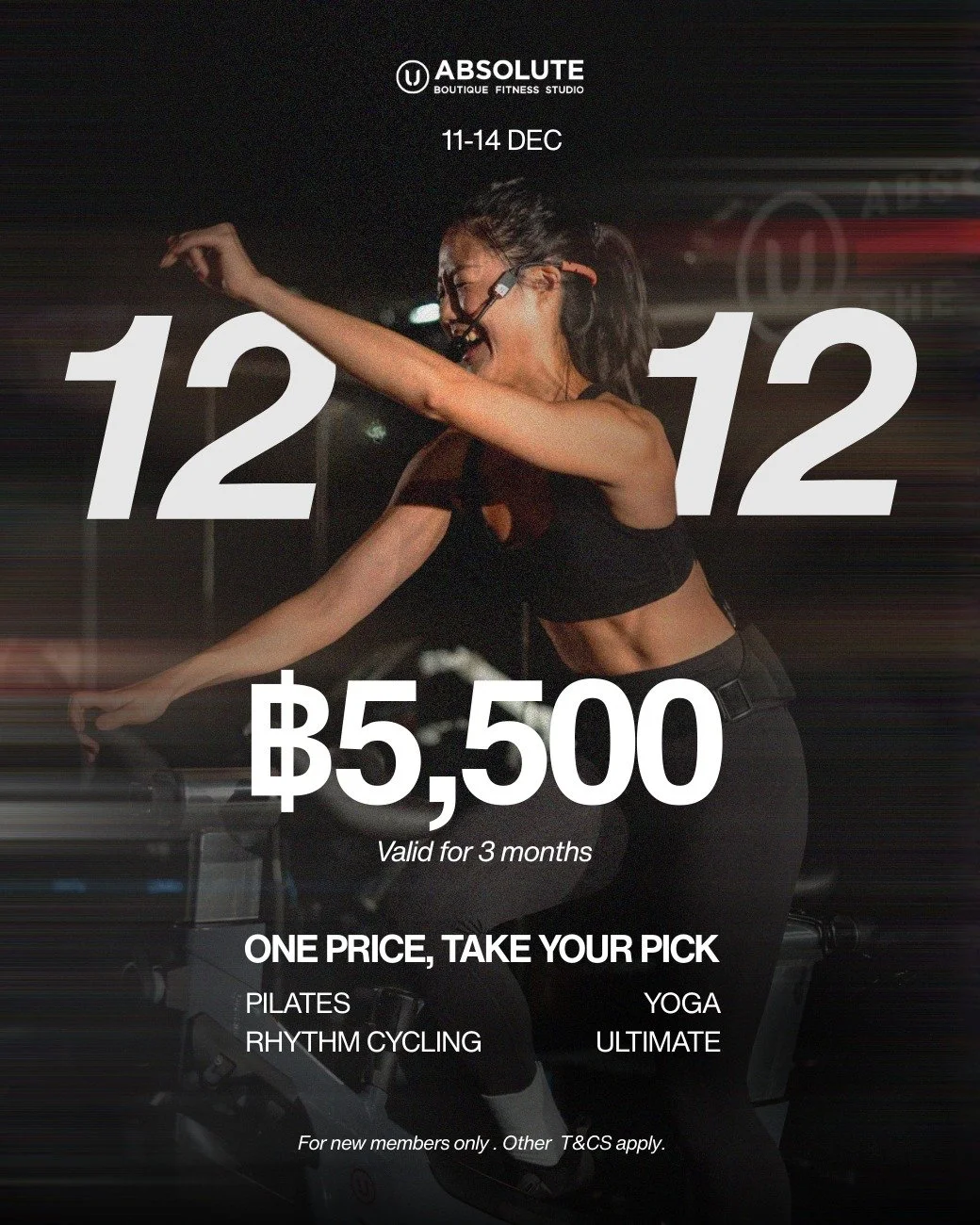 เตรียมพร้อม 12.12 นี้ 🎉ส่งท้ายปีด้วยโปรแรง!! จ่ายราคาเดียว ฿5,500 เล่นได้นาน 3 เดือน 

🤸Pilates เล่นได้ 13 คลาส 
🚴Cycling เล่นได้ 16 คลาส 
🧘Yoga เล่นได้ 20 คลาส 
🏃&zwj;♀️&zwj;➡️Ultimate เล่นได้ 12 คลาส 

👫สำหรับลูกค้าใหม่ 
📅เฉพาะวันที่ 11 - 12