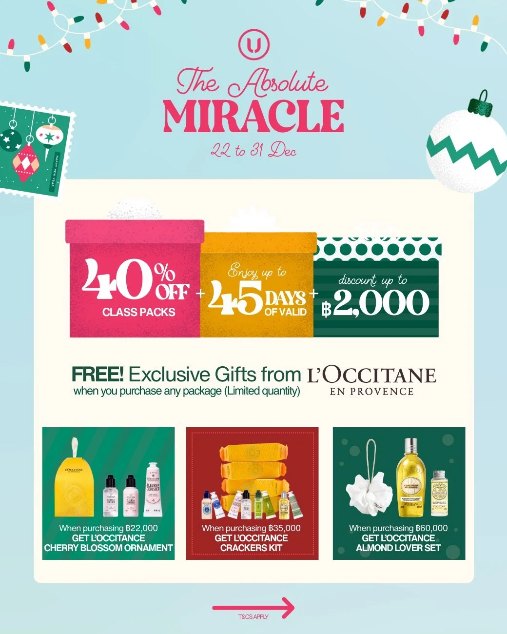 FINAL WEEK 🎁ด่วนน ซื้อโปรวีคนี!! รับของขวัญเพิ่มจาก L'Occitane (จำนวนจำกัด) พร้อมรับเพิ่ม 3 ต่อ! ส่วนลด 40% + อายุใช้งานเพิ่มสูงสุด 45 วัน + ลดเพิ่มสูงสุด ฿2,000 

เริ่มต้นเพียง ฿290/คลาส 
💝FREE! L'Occitane Cherry Blossom Ornament เมื่อซื้อ ฿22,000