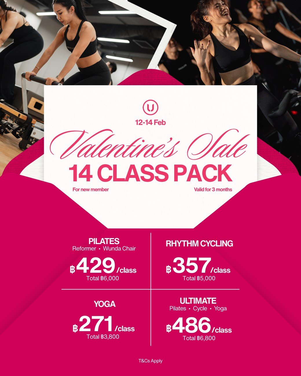 โปร Valentine เริ่มแล้วว 💗 ฟิตหุ่นสวยให้เริ่ดกว่าใคร รับวาเลนไทน์นี้ กับโปร 14-Class Pack เริ่มต้นเพียง ฿271/คลาส ซื้อก่อน ฟิตก่อน! ทักไลน์มาเลยยย 

🤸🏻 Pilates เริ่มต้น ฿429/คลาส
🚴 Rhythm Cycling เริ่มต้น ฿357/คลาส
🧘🏻&zwj;♀️ Yoga เริ่มต้น ฿271/