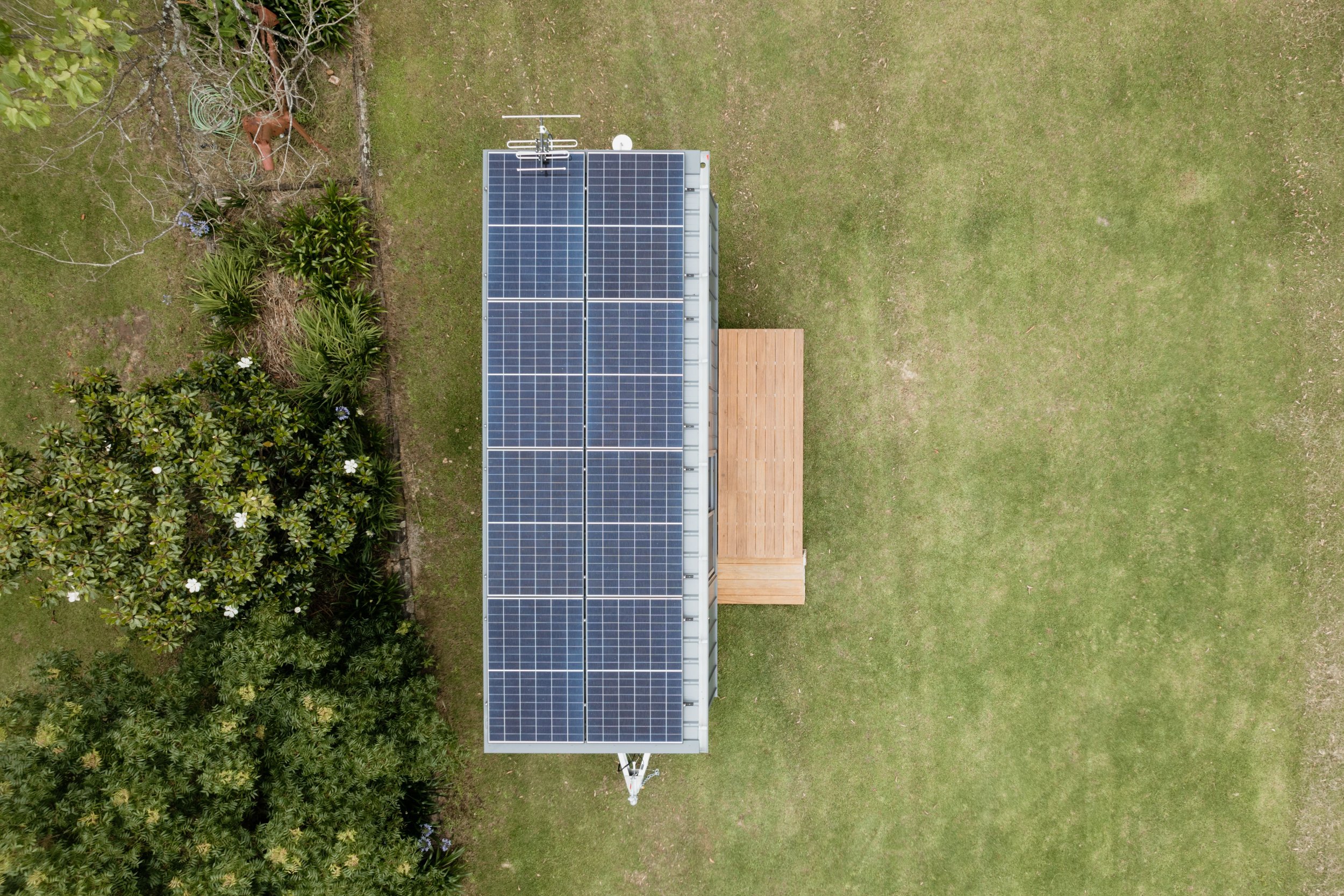 solar panels, off grid, tiny solar home, tiny house, eco home, caravan, down sizing, small home, wooden deck, heathcote, sydney, nsw