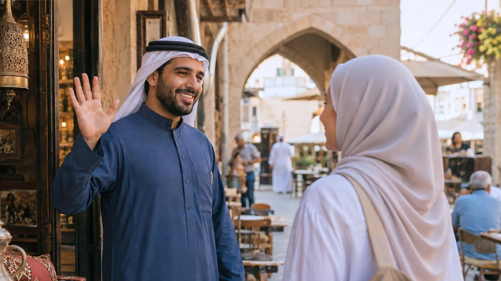 Middle Eastern shopkeeper warmly greeting a woman in hijab, showing the Arabic word marhaba for hello.