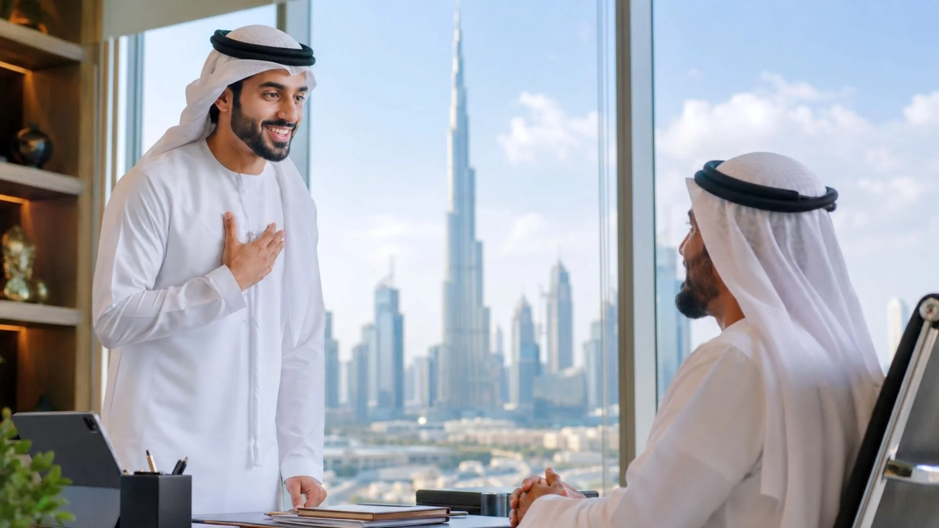 Emirati worker introducing himself to a manager in a Dubai office with Burj Khalifa in the background, showing esmi for my name is.