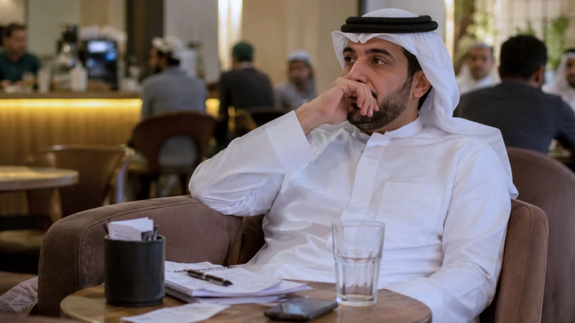 Gulf Arab man looking exhausted in a café, showing the meaning of “nashaf reegi” as being tired from explaining or waiting.