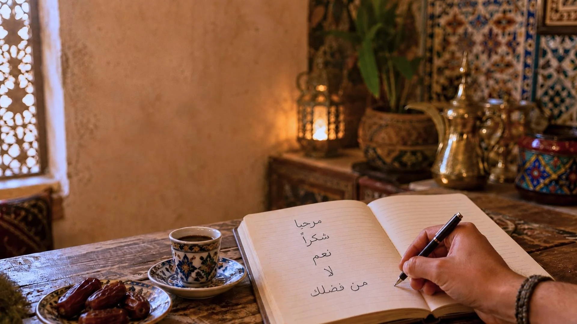 Warm Arabic study setup with handwritten beginner Arabic words in a notebook, coffee, dates, and Middle Eastern decor.