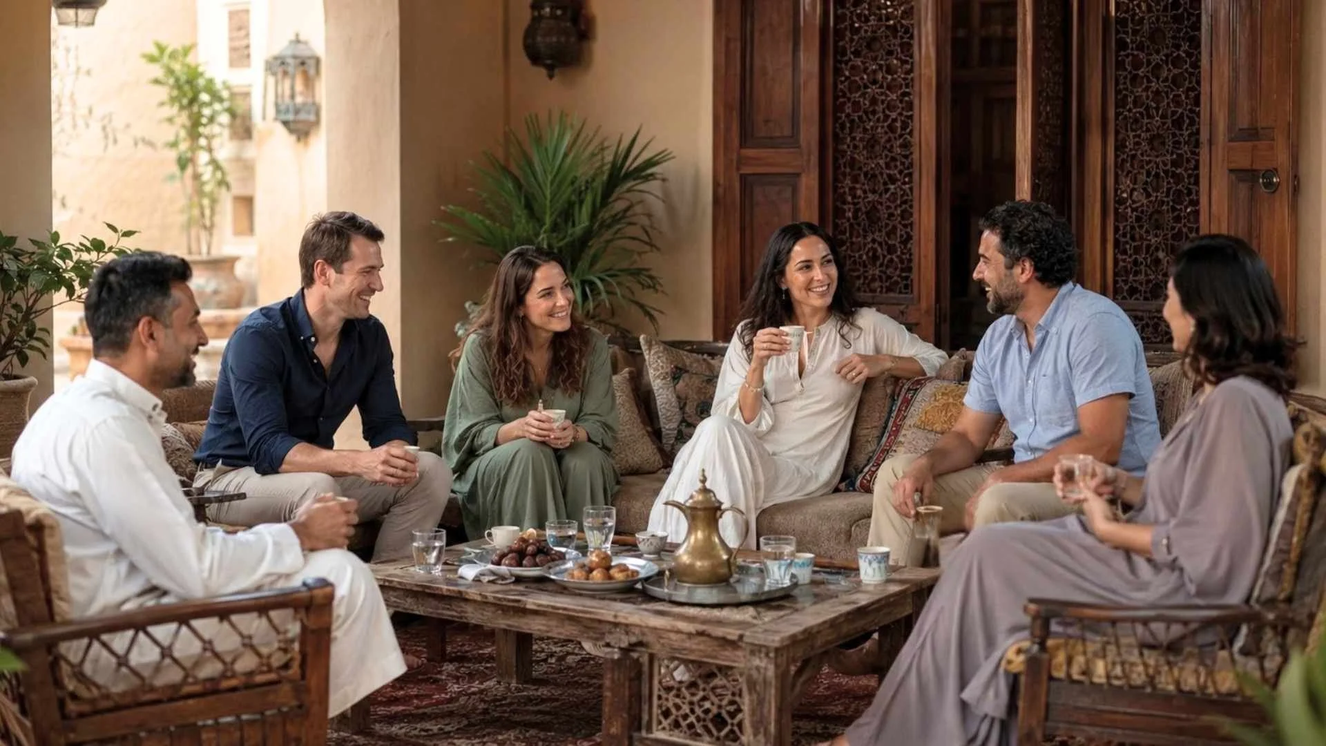 Arab hosts and non-Arab guests relaxing together after a meal with Arabic coffee and sweets.