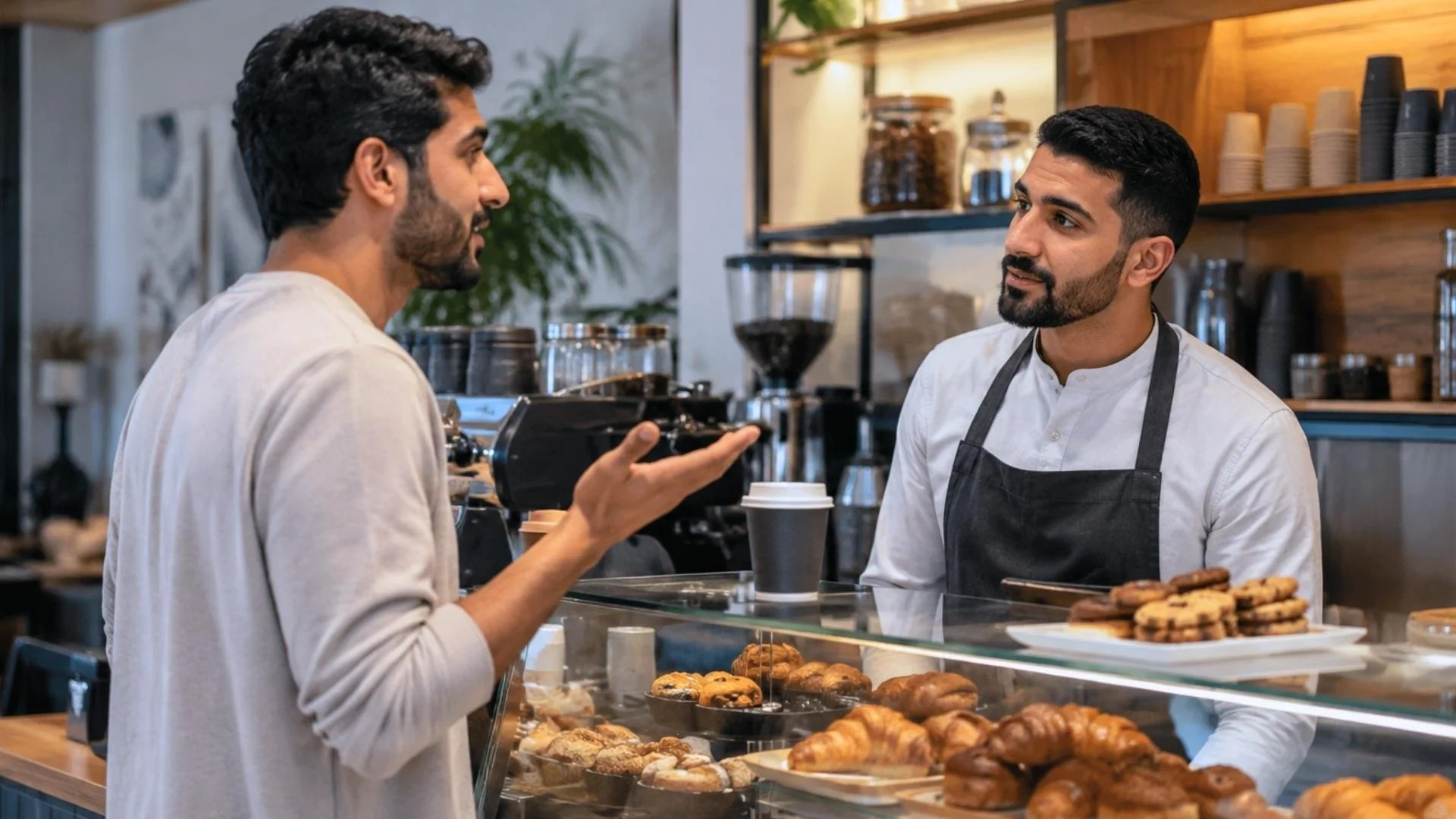 Man asking a barista a polite question at a café counter, showing mumkin for can I or is it possible in Arabic.