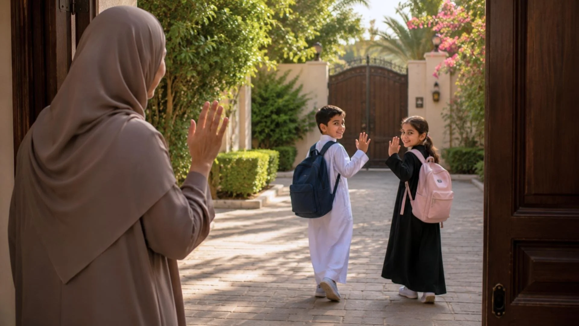 Children waving goodbye to their mother in hijab outside a home, showing ma3a as-salaama for goodbye in Arabic.