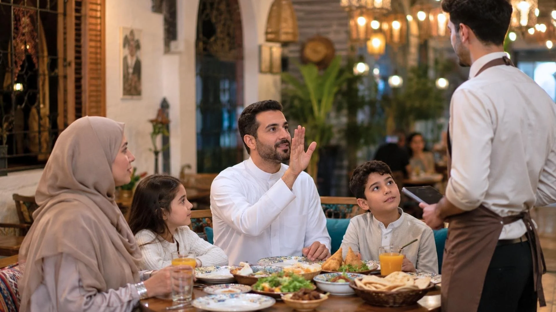 Arab family at a restaurant table as the father calls the waiter, showing afwan as excuse me in Arabic.