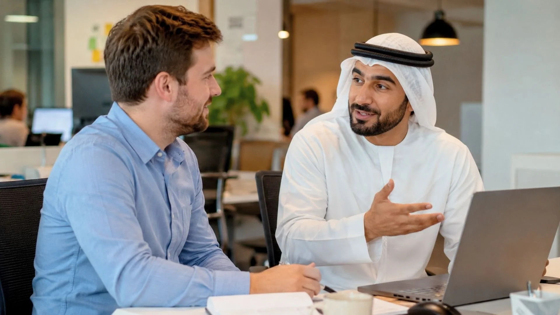 Arab man warmly inviting a non-Arab colleague during a casual workplace conversation.