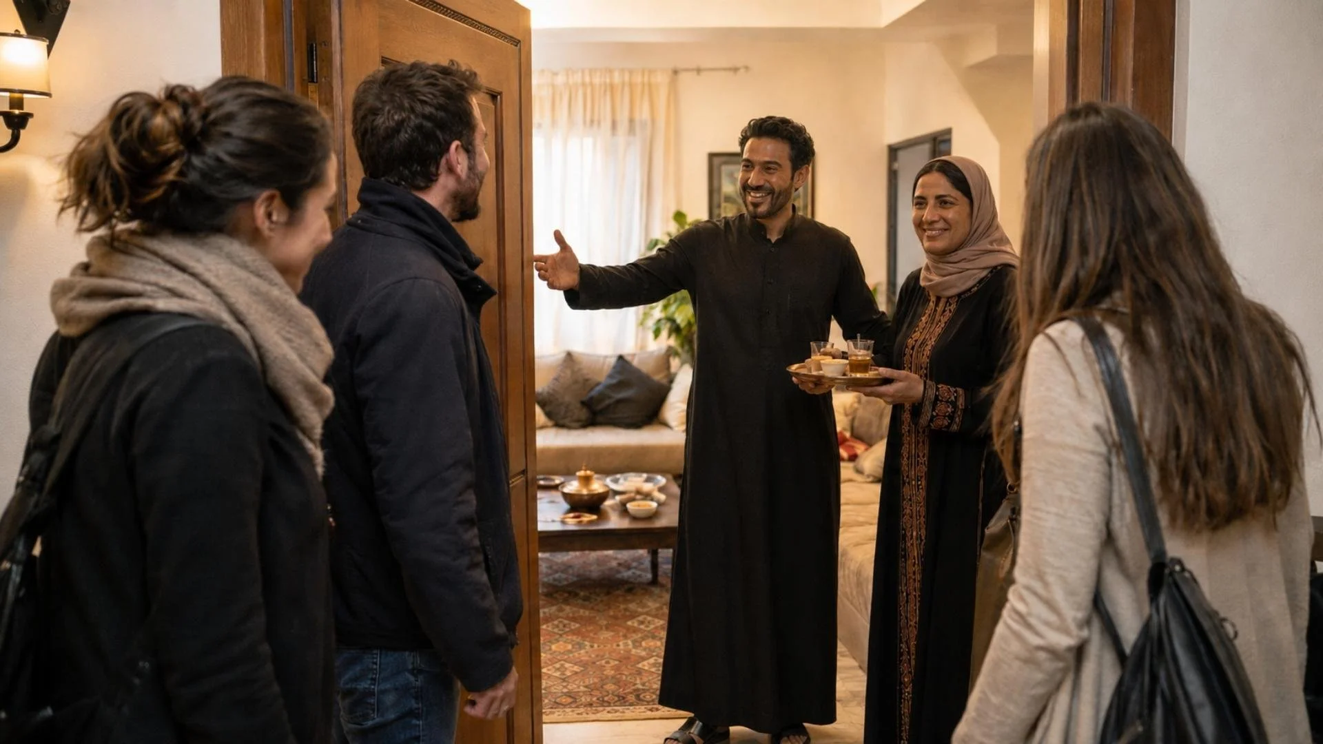 Arab hosts welcoming non-Arab guests into their home with tea and warm hospitality.