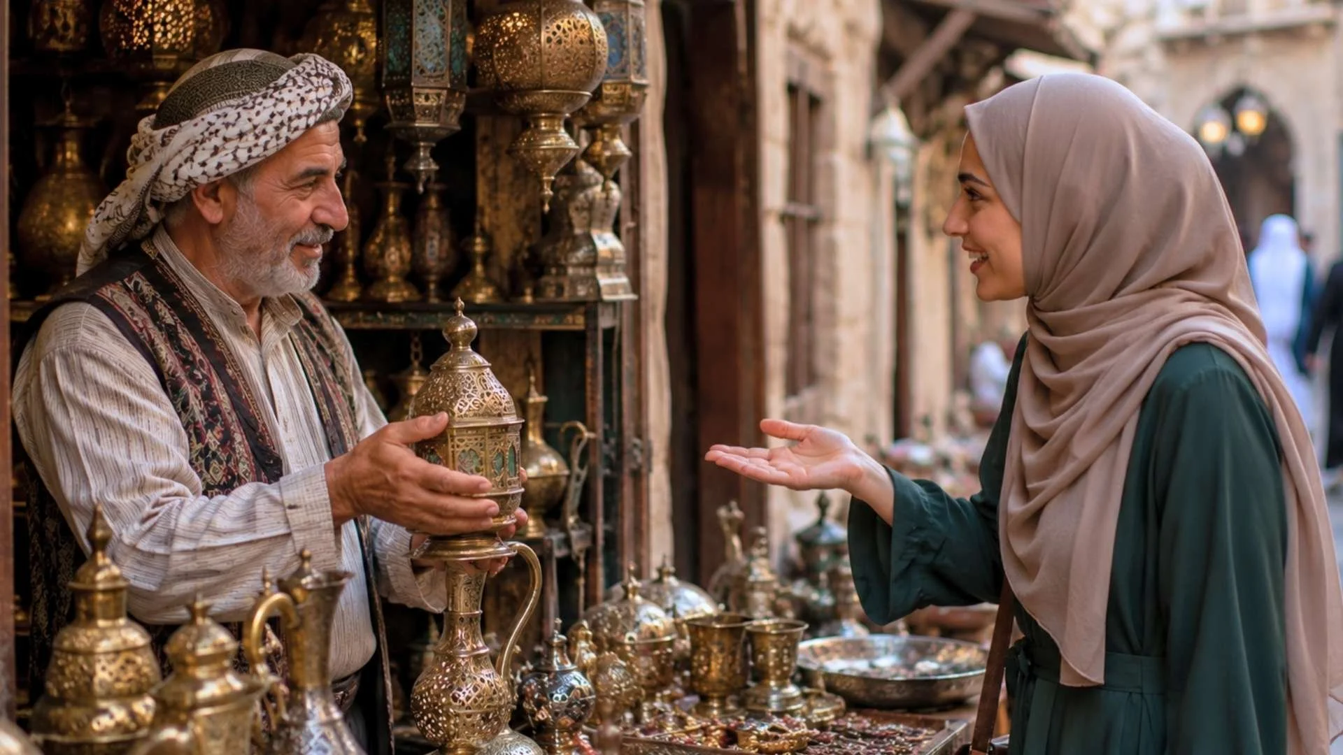 Woman in full hijab politely asking a shopkeeper for an item in a Middle Eastern market, showing min fadlak for please.