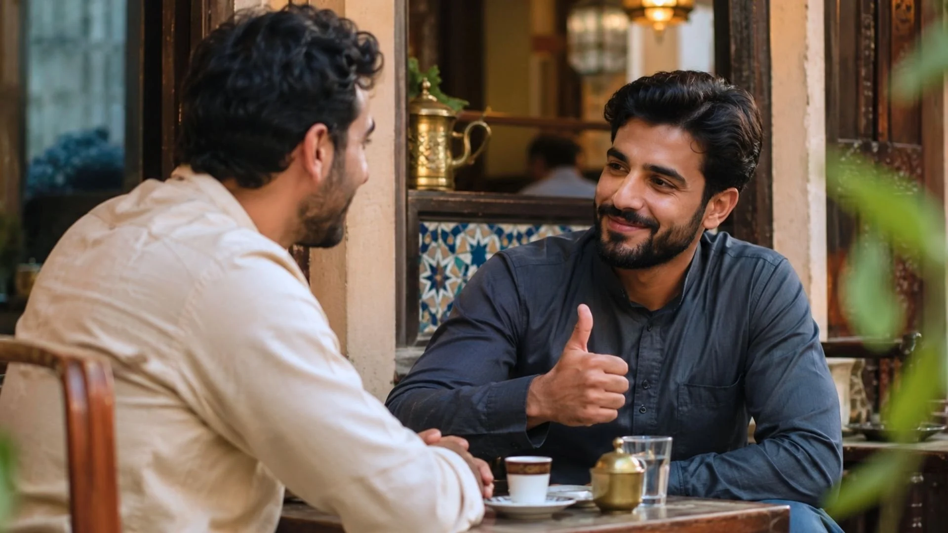 Two Arab men in a café having a friendly conversation, with one giving a thumbs up to show tayyib for okay.