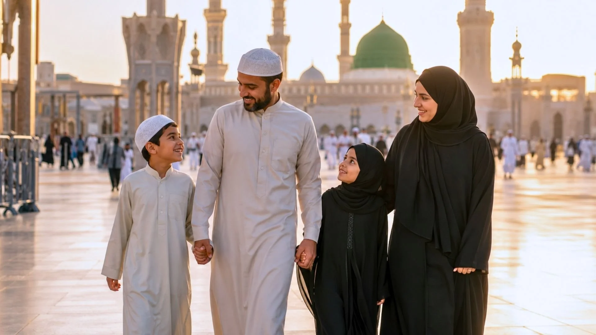 Middle Eastern family walking near Al-Masjid an-Nabawi in Madinah, showing inshaAllah as God willing or hopefully.