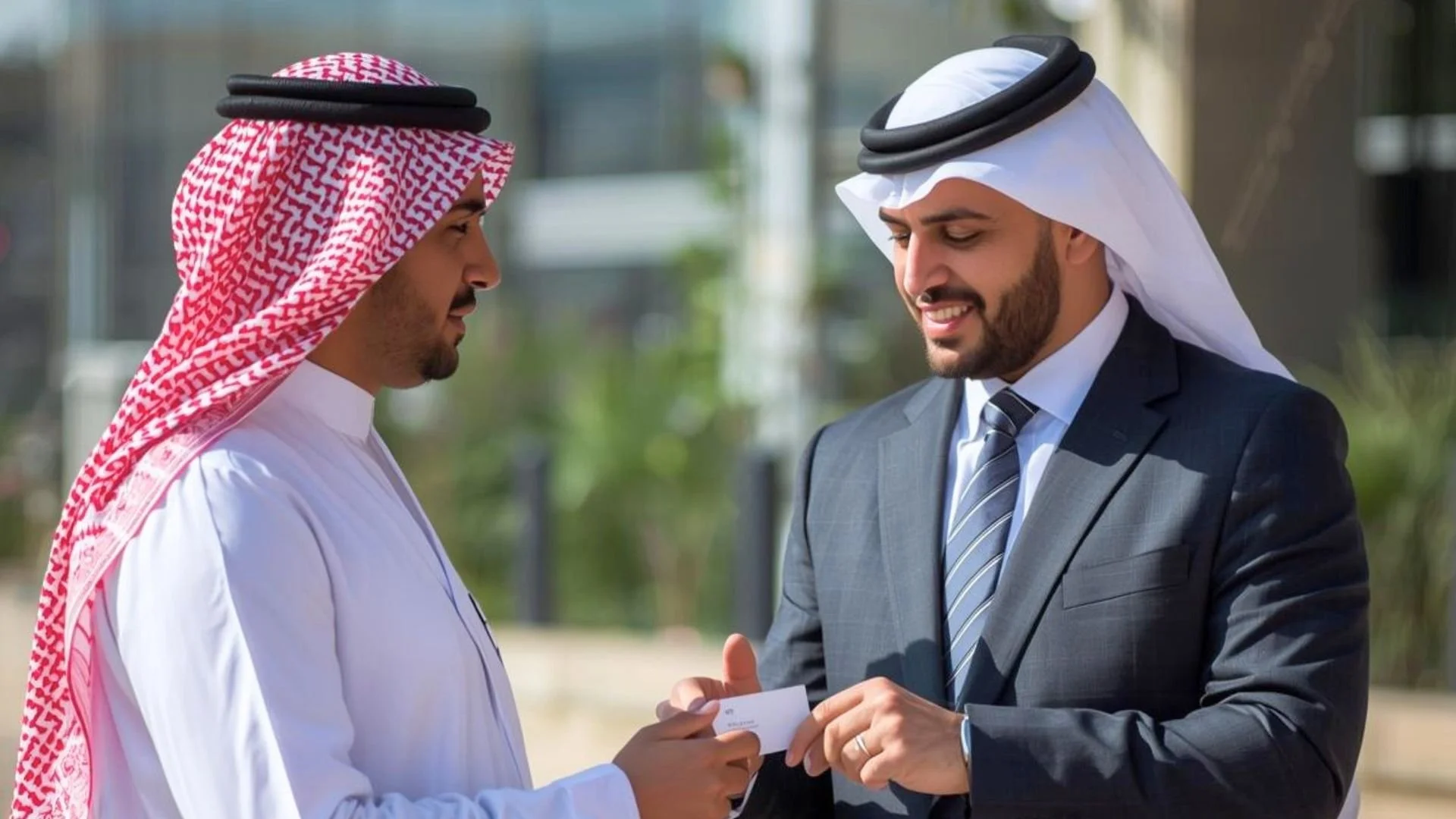 Two professionals exchanging business cards at a networking event in the Gulf, reflecting business in the Arab region