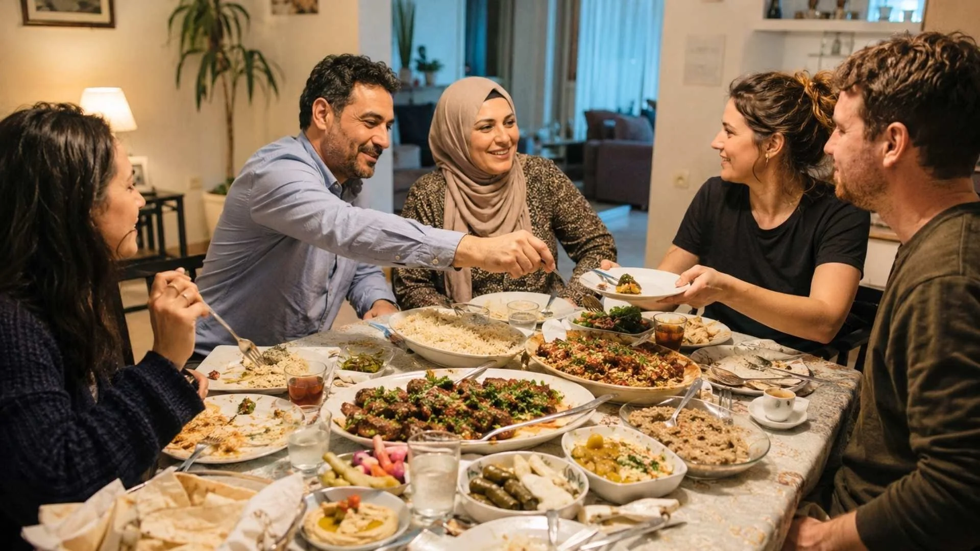 Arab hosts and non-Arab guests sharing Arabic food around a home dining table.