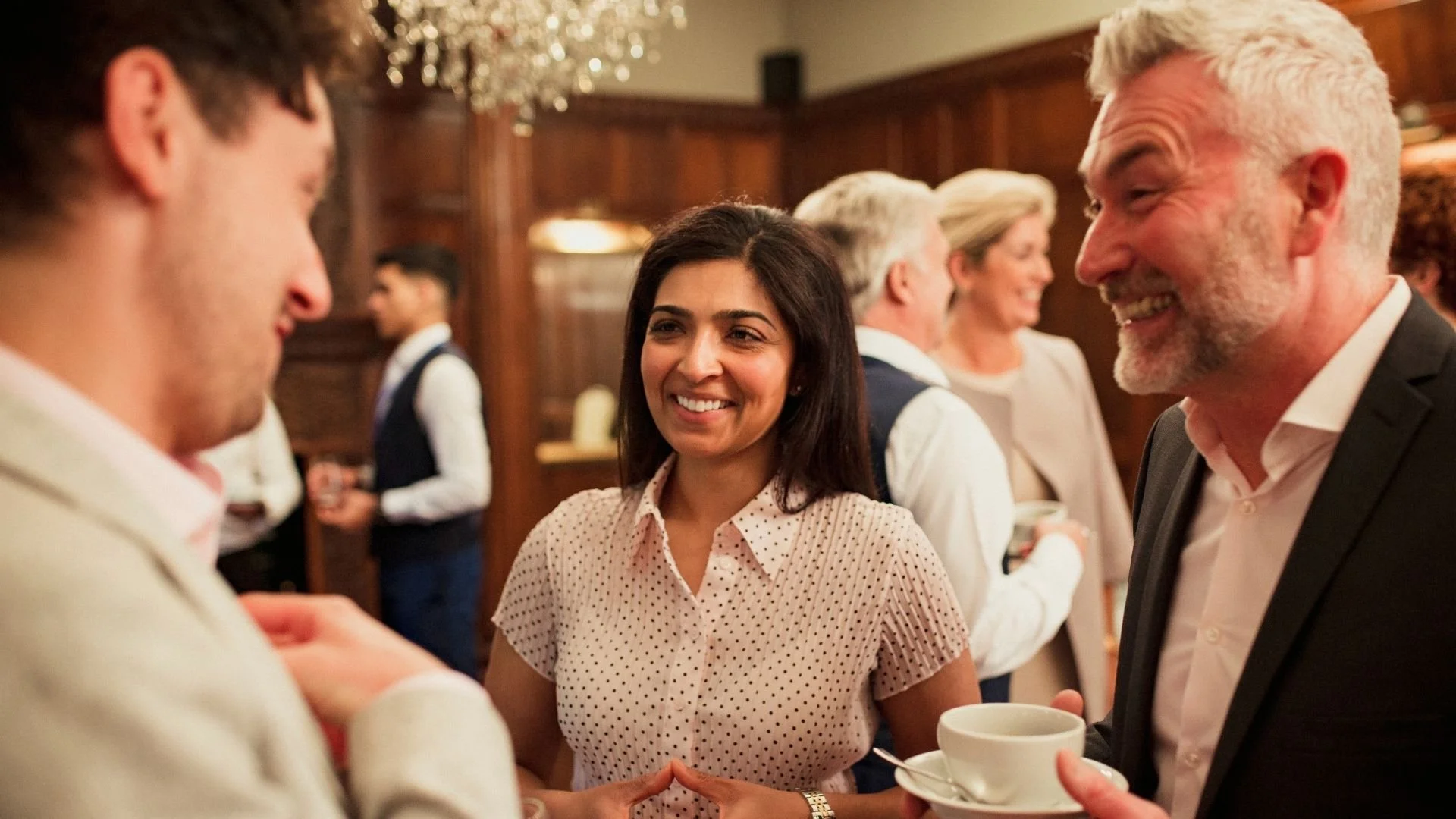 Professionals networking at a business event, using Arabic for work and building connections