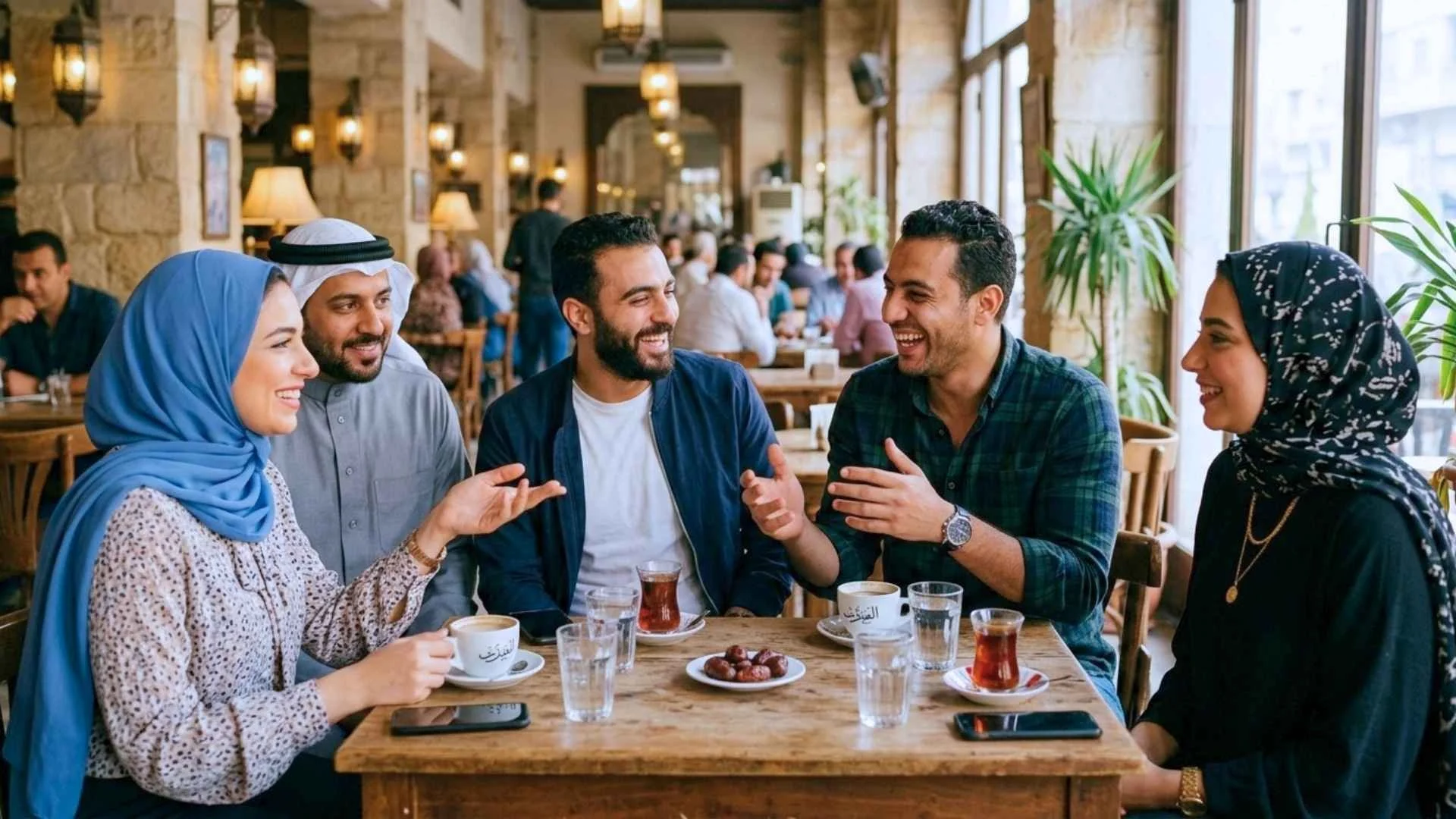 Arab friends chatting and laughing in a café, showing natural Arabic conversation and everyday cultural expression.
