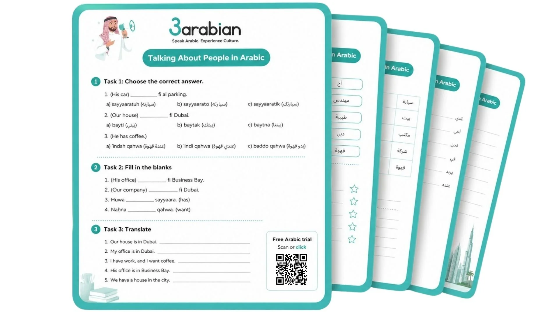 Free Arabic worksheets for beginners to practice vocabulary, phrases, and simple conversations
