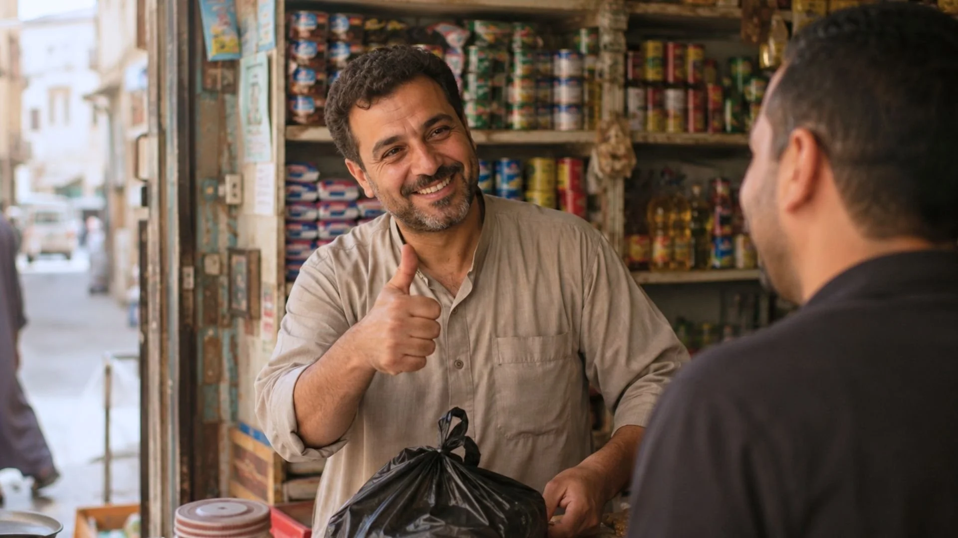 Friendly Middle Eastern shopkeeper giving a thumbs up to show na3am, the Arabic word for yes.