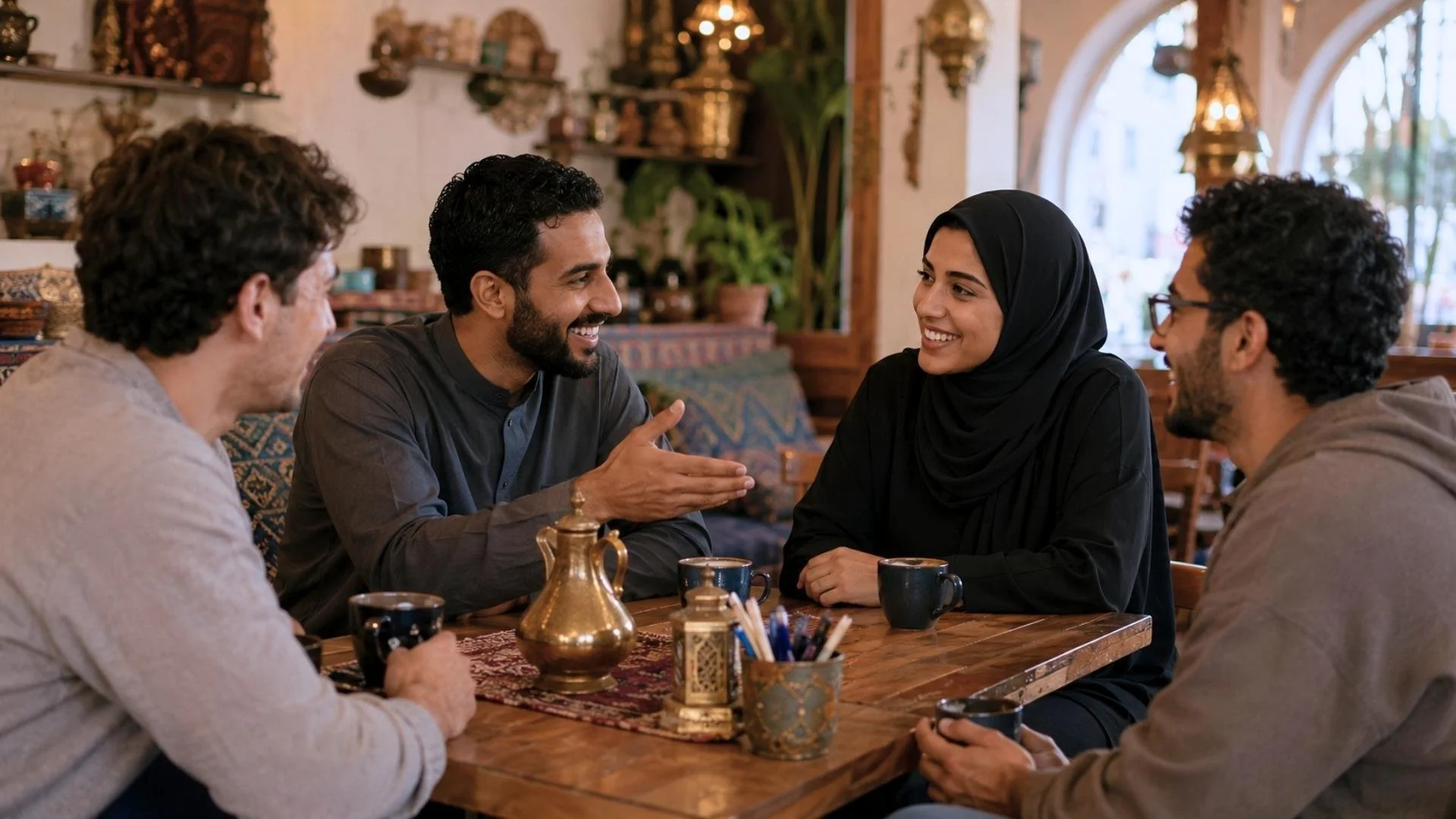 Small group having a warm Arabic conversation in a Middle Eastern café, showing how beginner Arabic words help people connect.
