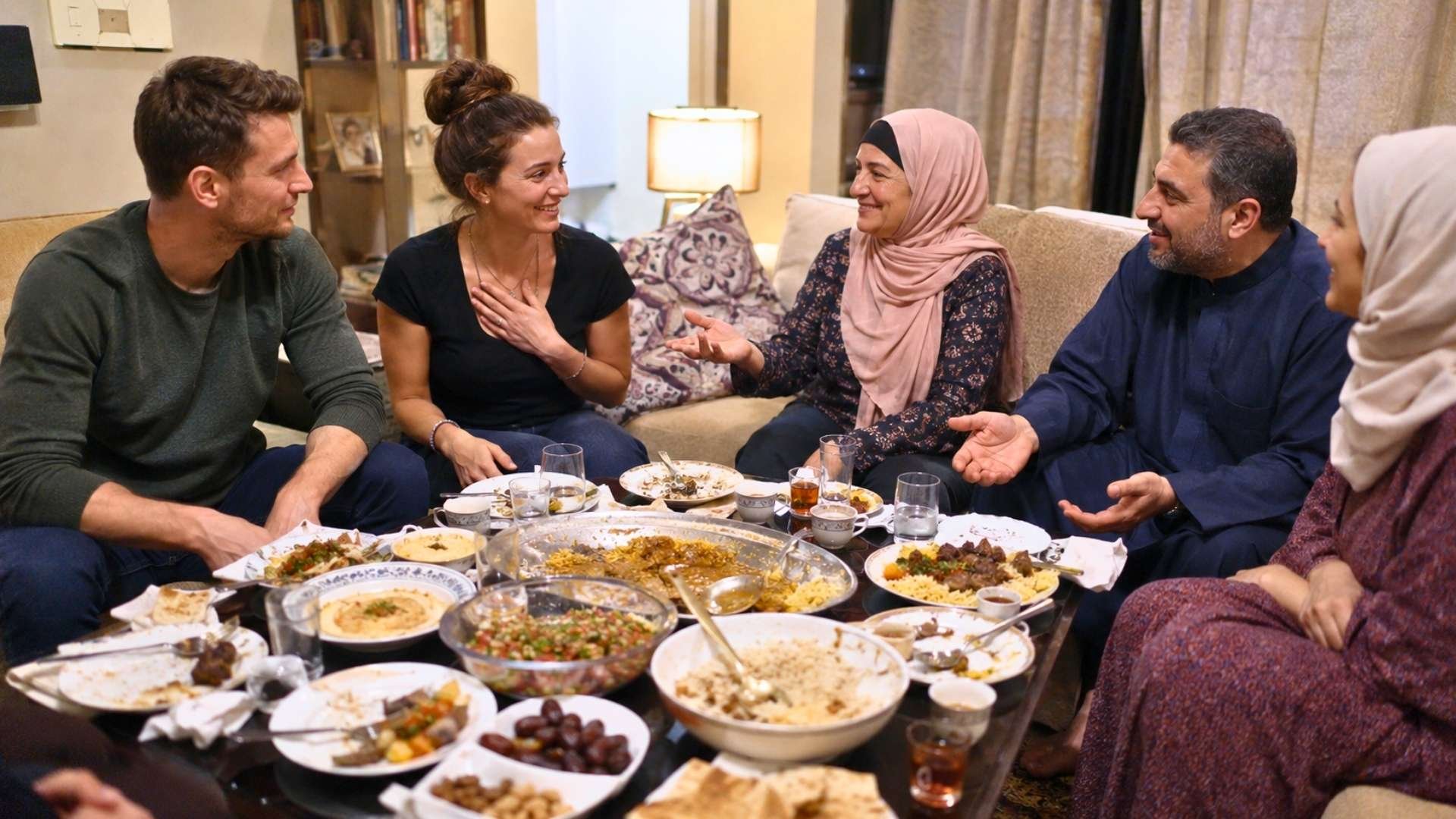 Arab hosts and guests chatting warmly after a shared meal with used plates and tea cups on the table.